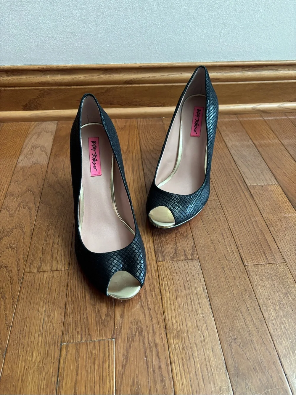 Betsey Johnson Black Peep Toe Heels with Snakeskin Texture